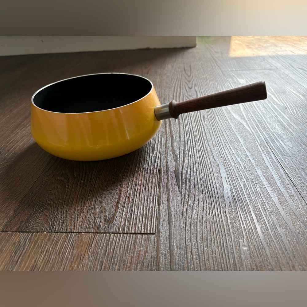 Vintage Yellow Enamel Saucepan Fondue Pot Mid Century Modern Wood Handle